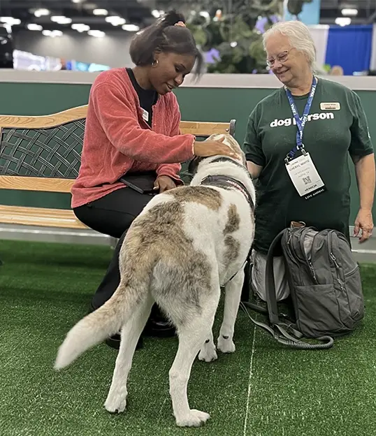 Therapy dog engaging with an attendee at a marketing event booth, showcasing the impact of therapy dog visits for brand engagement and corporate wellness